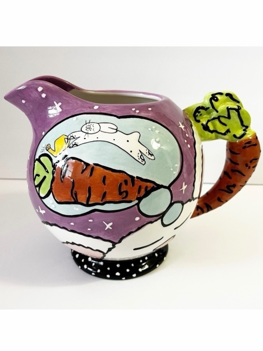 Joanne Delomba for Lostus Bunny Rabbit Pitcher Carrot Handle Whimsical Easter